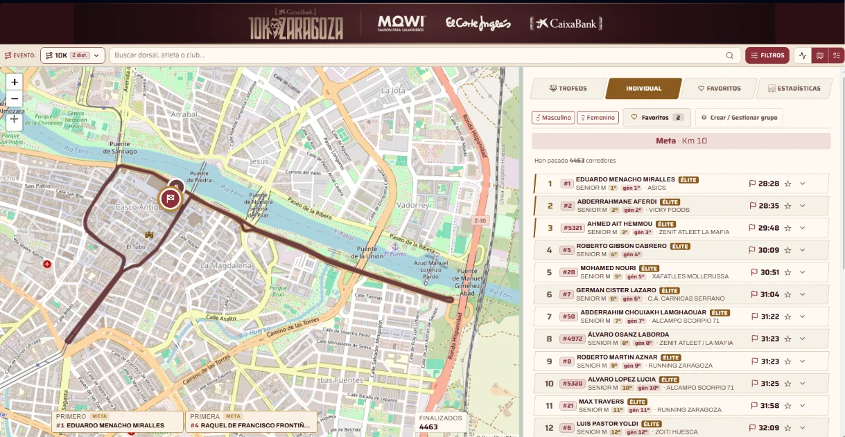 Live-Ansicht des 10K Saragossa 2026 in RaceGoLive: Karte mit Streckenverlauf und Zieleinlauf-Rangliste